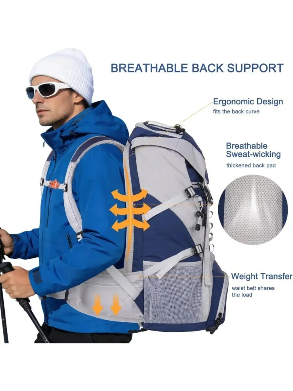 Waterproof 50L Hiking Backpack with Rain Cover, Lightweight Outdoor Daypack